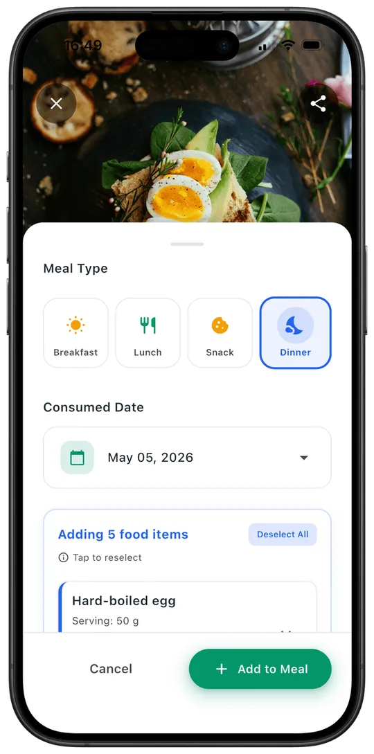 Choosing meal type and confirming detected food items in CalcEat