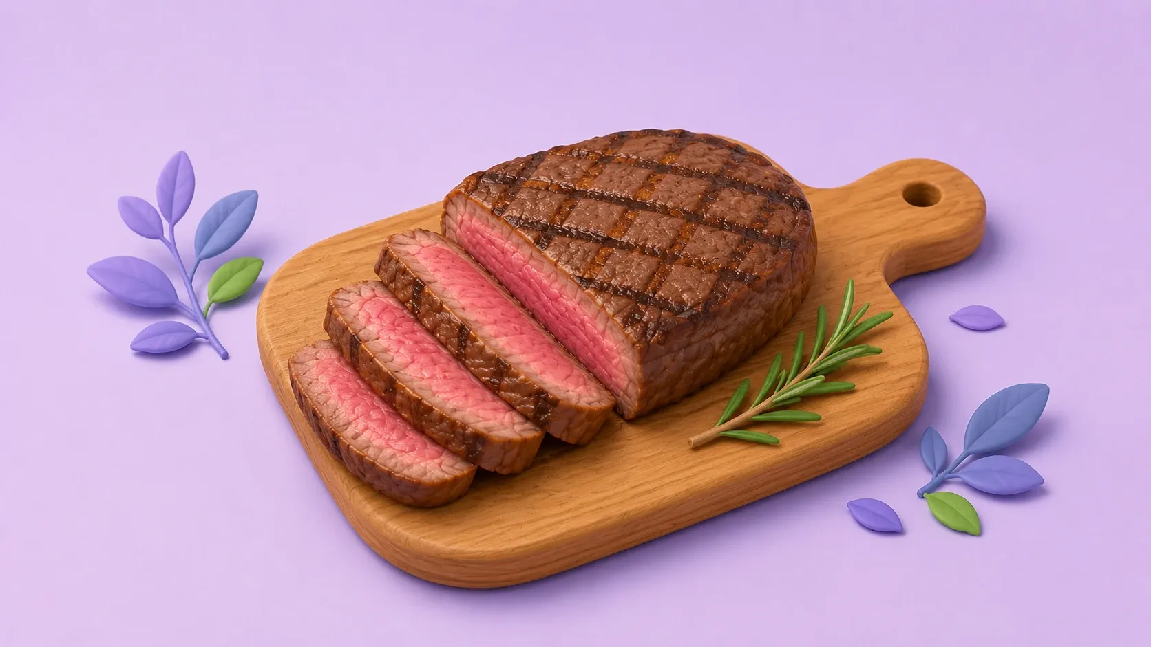 Ilustração de um bife grelhado fatiado em um prato ao lado de um rótulo nutricional mostrando calorias, proteína e gordura por corte