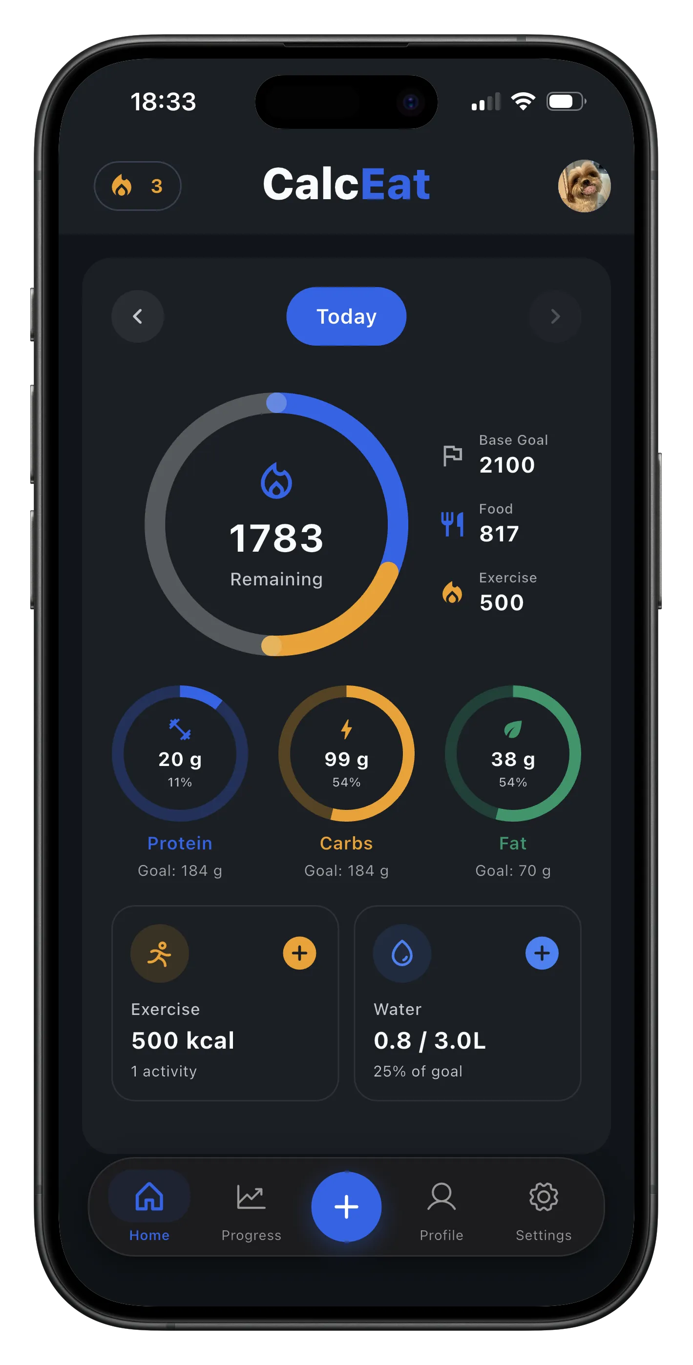 CalcEat dashboard in dark mode