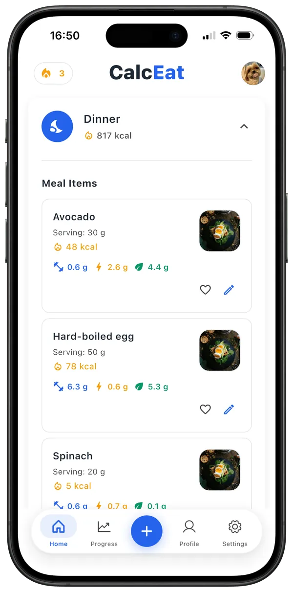 Per-item calories and macros for a logged dinner in CalcEat