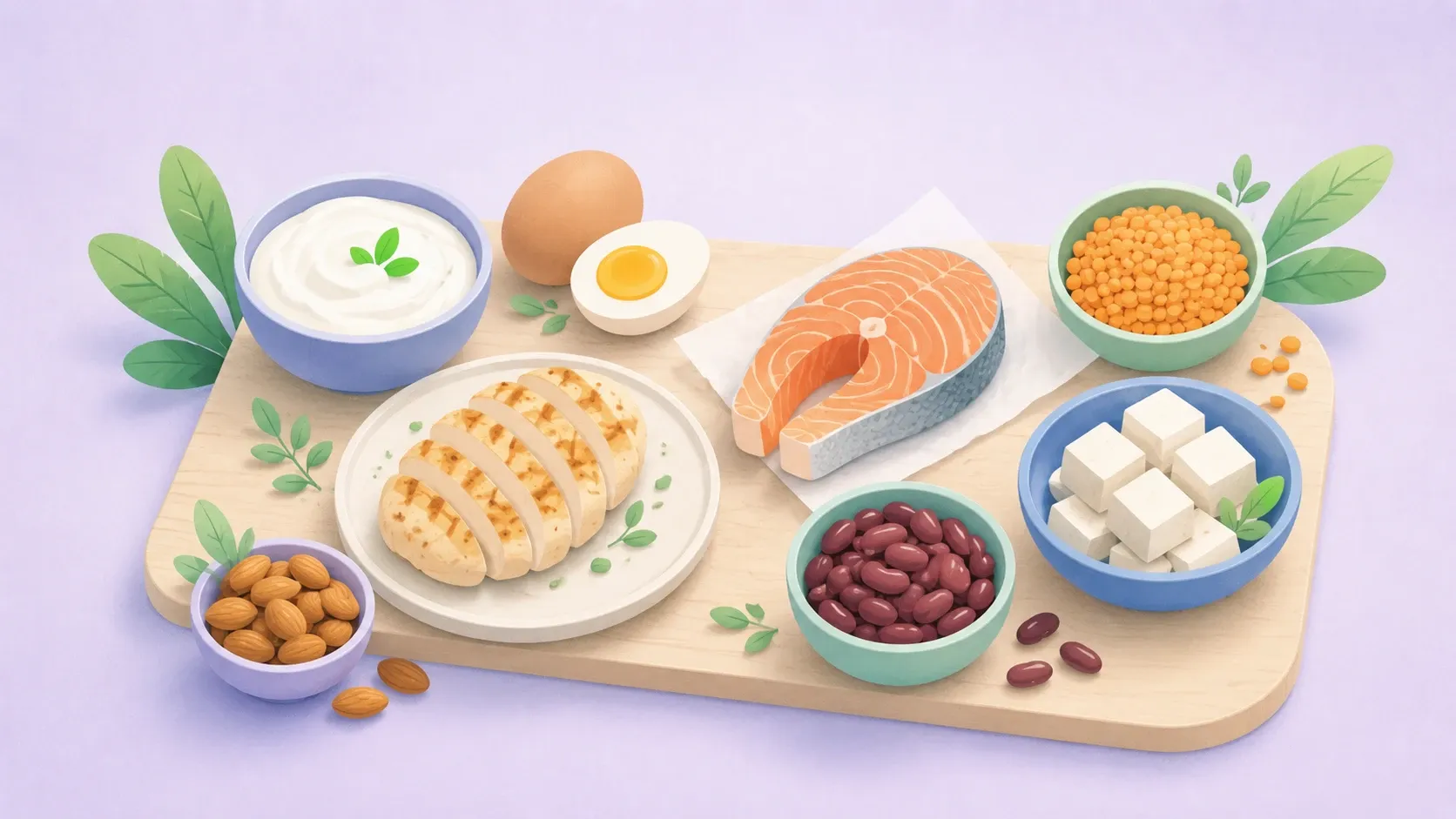 Een bovenaanzicht van eiwitrijke voeding met gegrilde kip, zalm, eieren, Griekse yoghurt, linzen, tofu, bonen en amandelen, uitgestald op een houten tafel.