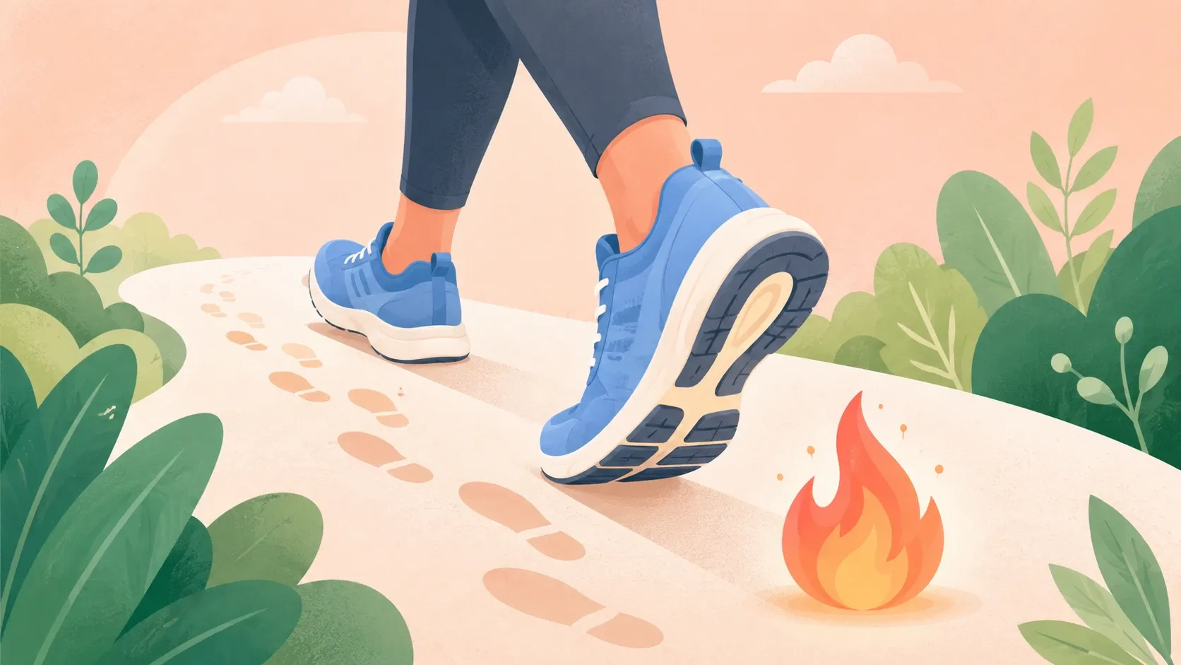 Illustration of a person walking briskly, with calories being burned represented as energy spent over distance and time.
