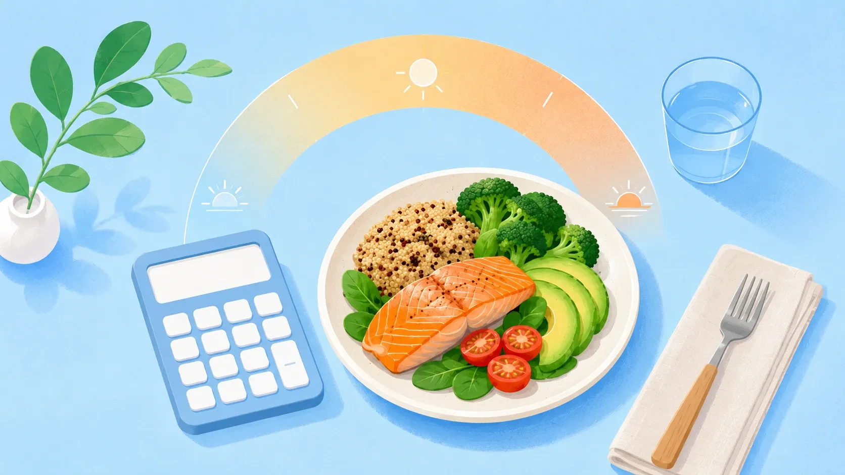 Illustration of a plate beside a calculator and a chart of estimated daily calorie ranges by age and sex, showing how many calories to eat a day.