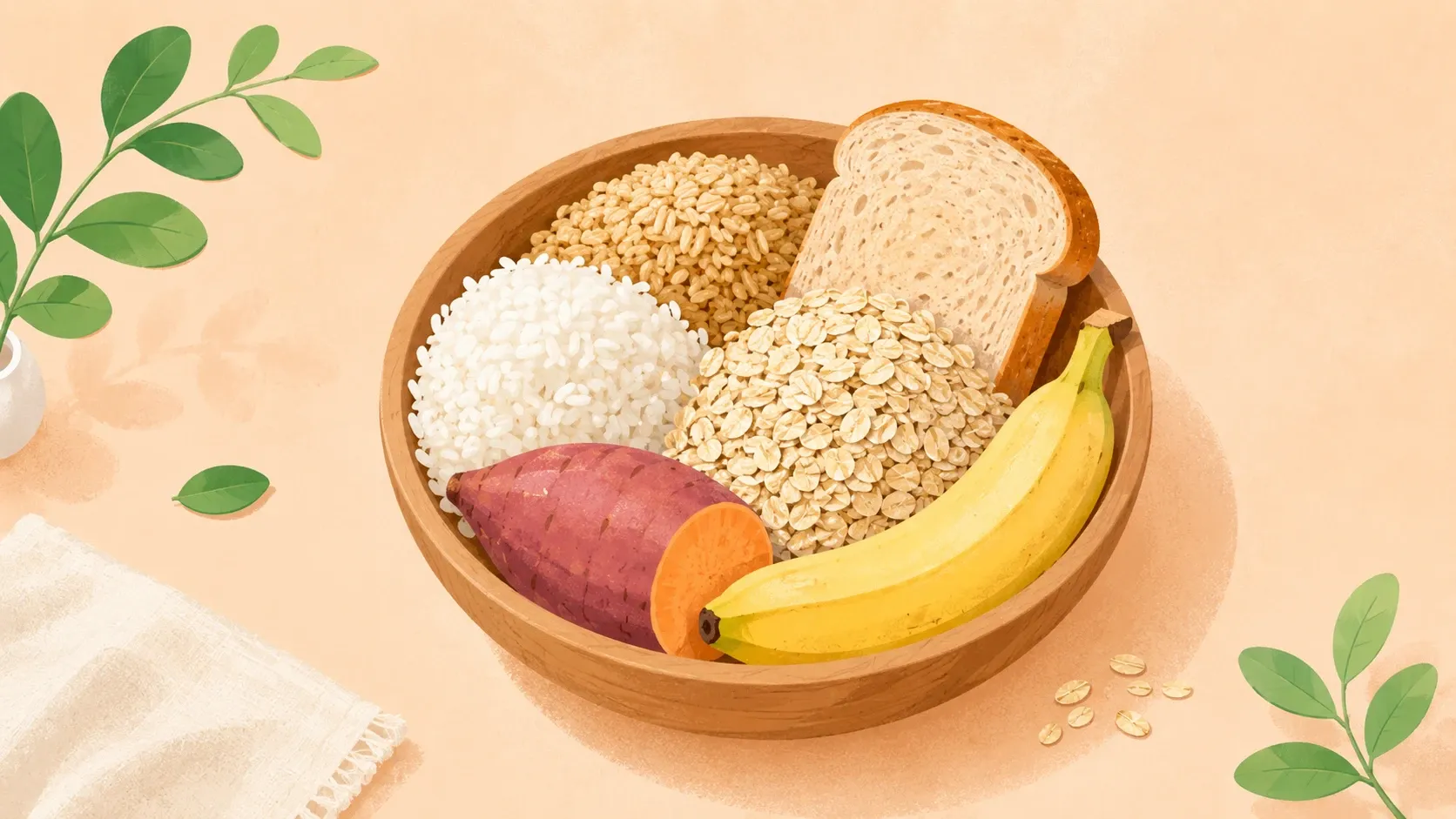 A spread of oats, brown rice, fruit, beans, and whole-grain bread beside a notebook with carb targets, illustrating how many carbs to eat per day.