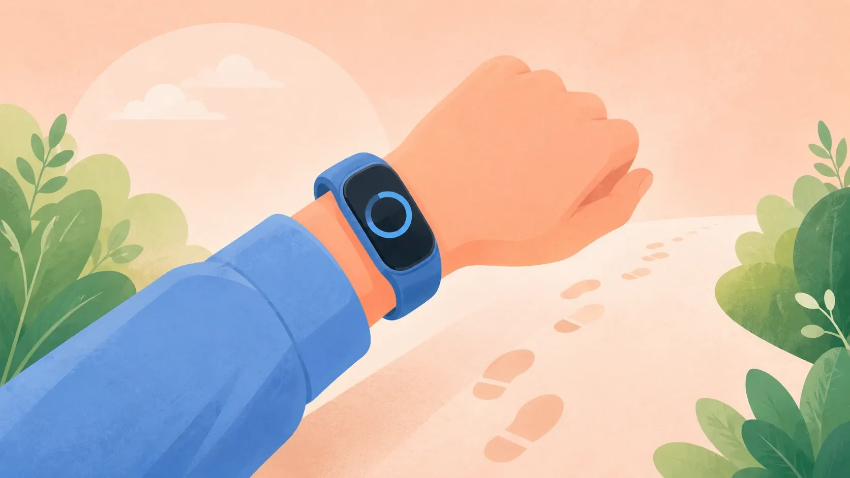 Illustration of a smartphone step counter beside walking shoes, representing daily steps for weight loss.