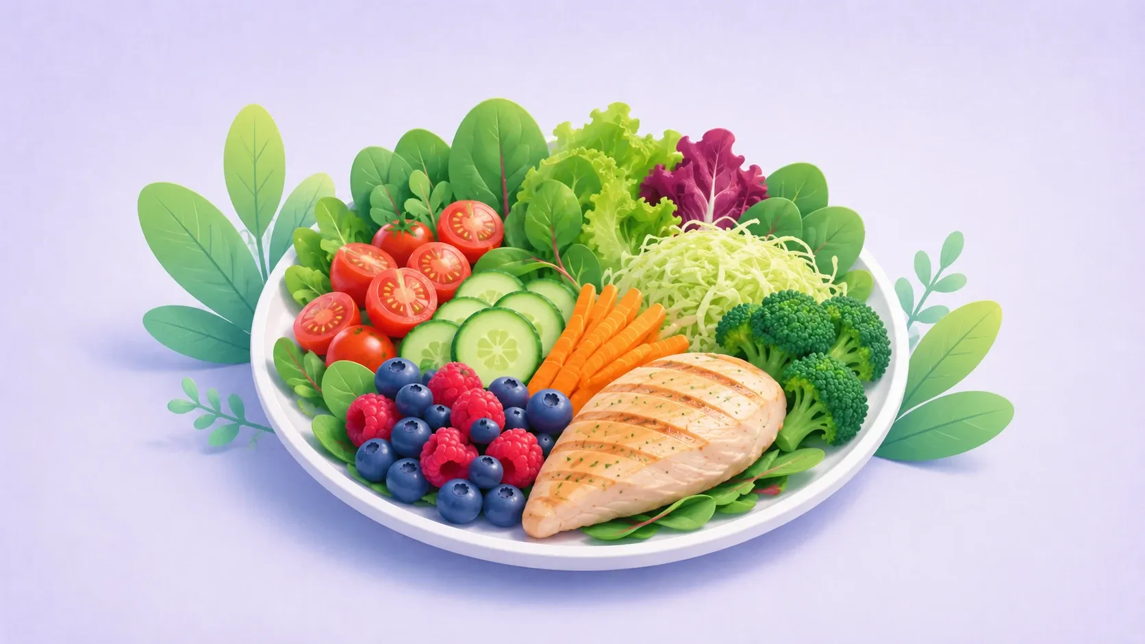 Een kleurrijk bord met volumineuze, caloriearme voeding zoals bladgroenten, bessen, broccoli en magere eiwitten, opgemaakt om vullend en bevredigend te ogen.